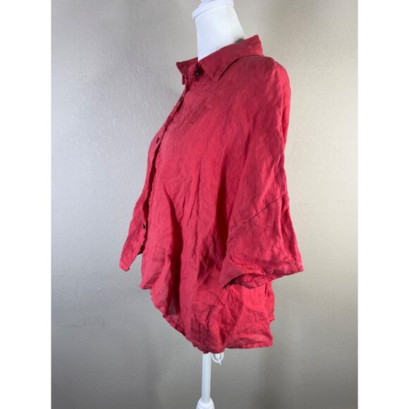 LAURA GOTTI Italian Red 100% Linen Button Down Short Sleeve Shirt S Oversized - Picture 5 of 12